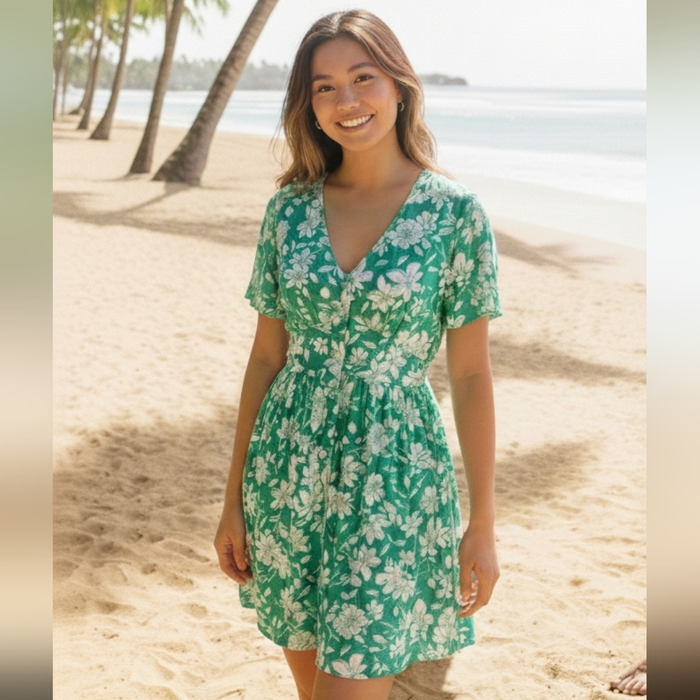 Billabong Mint rayon Green Floral Short Sleeve Dress